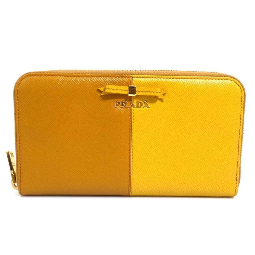 Prada Round Zip Long Wallet Leather Brown Yellow Gold